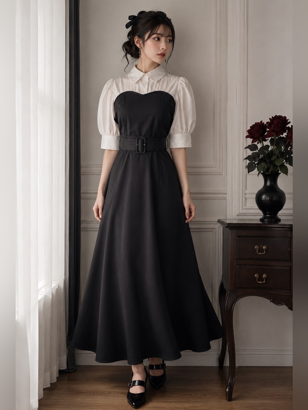 Japanese Coquette Puff Sleeve Belted Maxi Dress XS/S